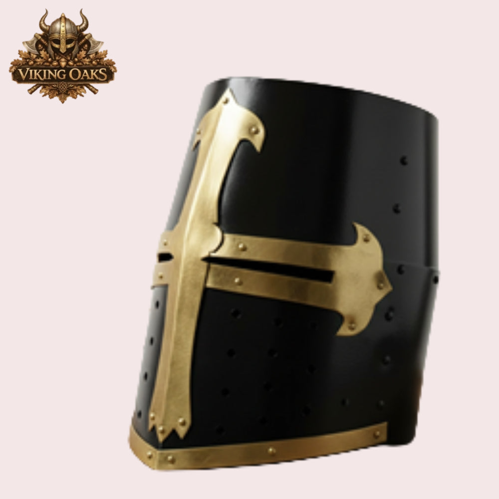 Black Crusader Helmet with Chainmail Coif & Stand Medieval Knight Armour Set