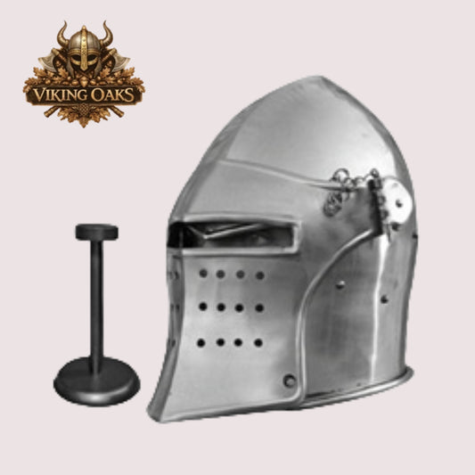 Medieval Barbute Helmet – Barbuta Reenactment Armor with Display Stand for Cosplay & Costumes