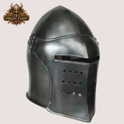 Black Barbute Helmet – Medieval Barbuta Armor with Display Stand for Reenactment, Cosplay & Costumes