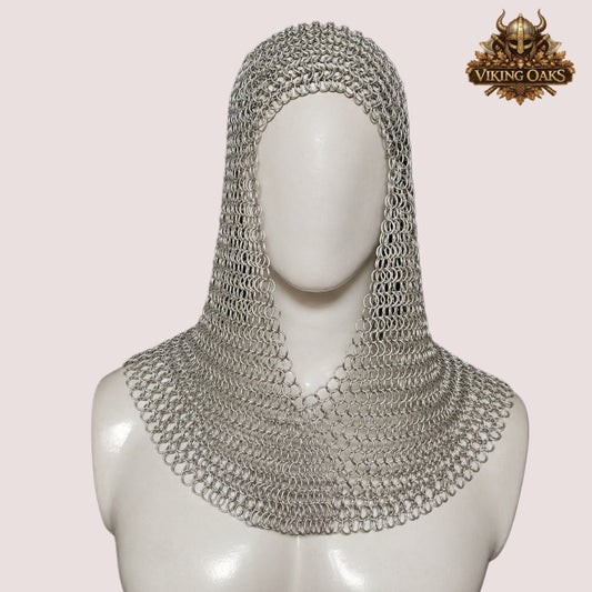 Aluminum Butted Chainmail V-Neck Coif – 10MM Ren Faire, LARP Viking & Halloween Costume Hood