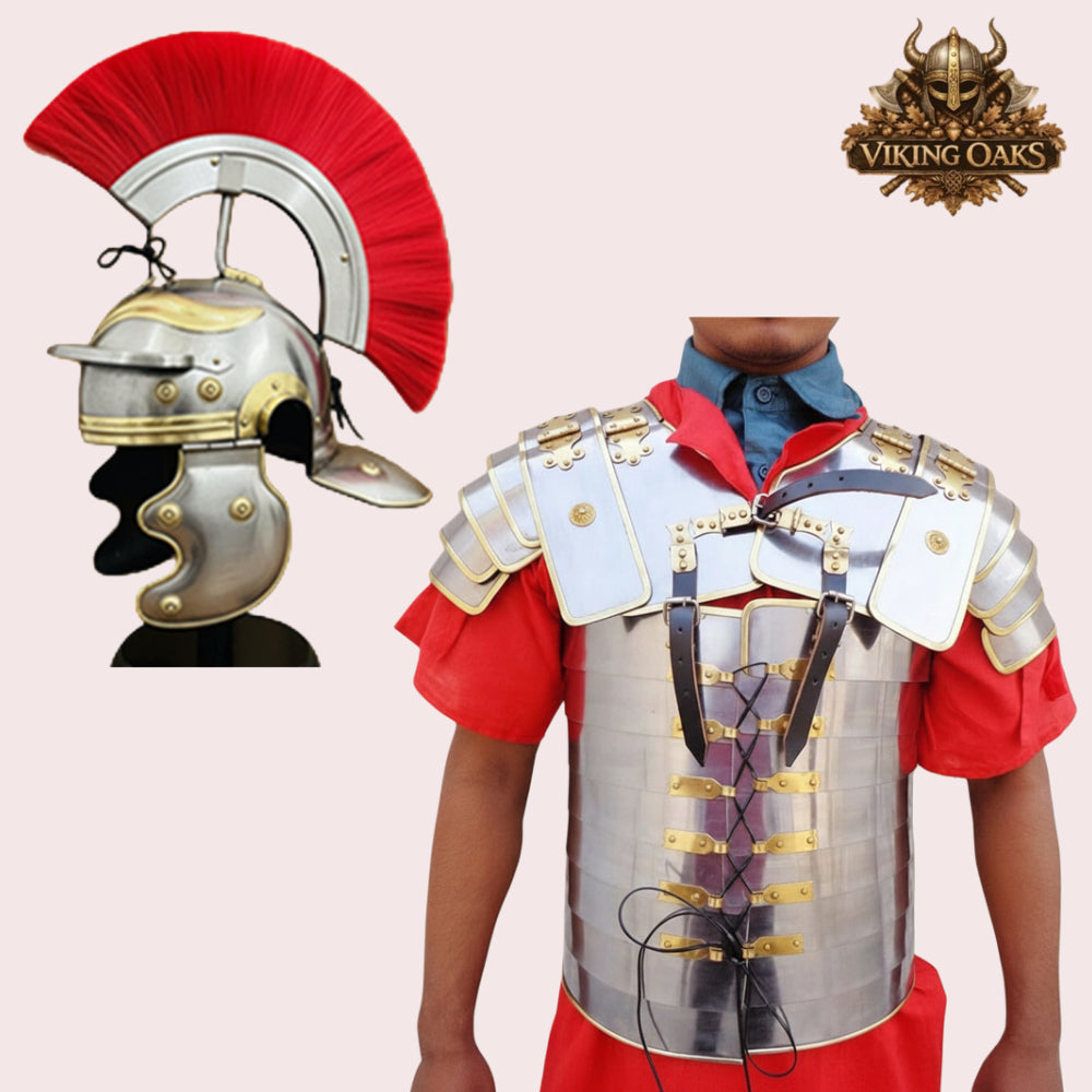Roman Armor Set Brass Lorica Segmentata with Helmet & Red Crest