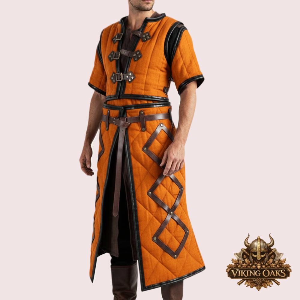 Medieval gambeson costume for Renaissance Faire with size options displayed