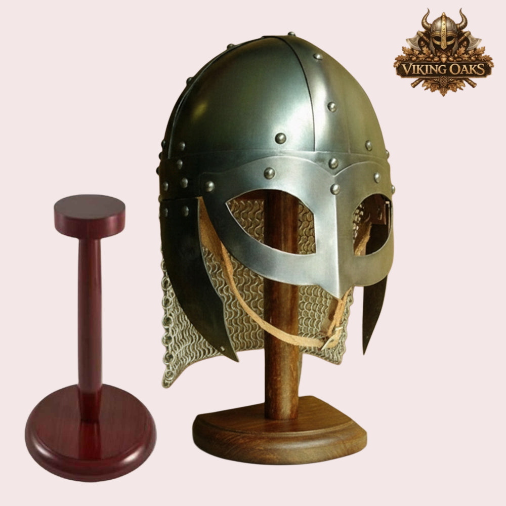 Viking Vendel Spectacle Helmet with Chainmail & Wooden Stand | Norse Armour Helmet
