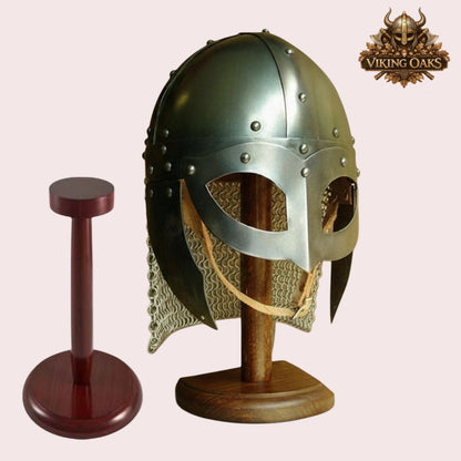 Viking Vendel Spectacle Helmet with Chainmail & Wooden Stand | Norse Armour Helmet