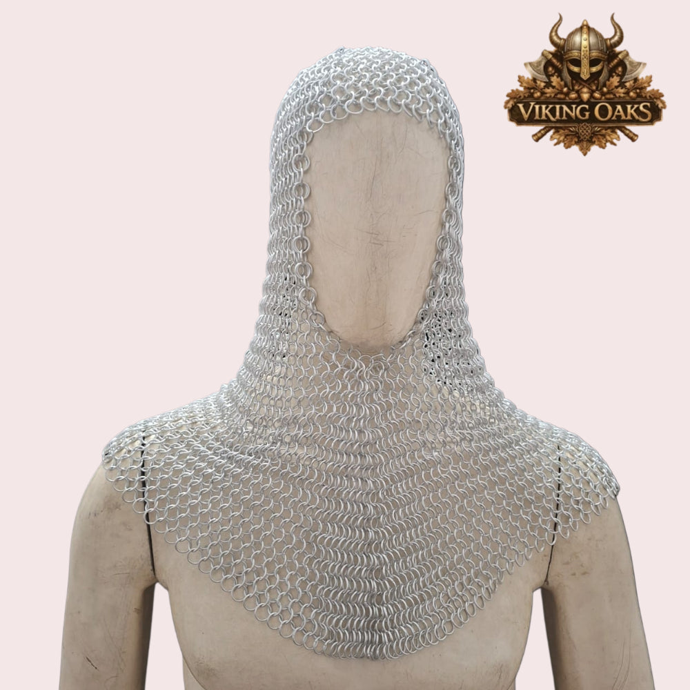 Medieval Crusader Helmet with Chainmail Coif & Stand Knight Armour Costume Set