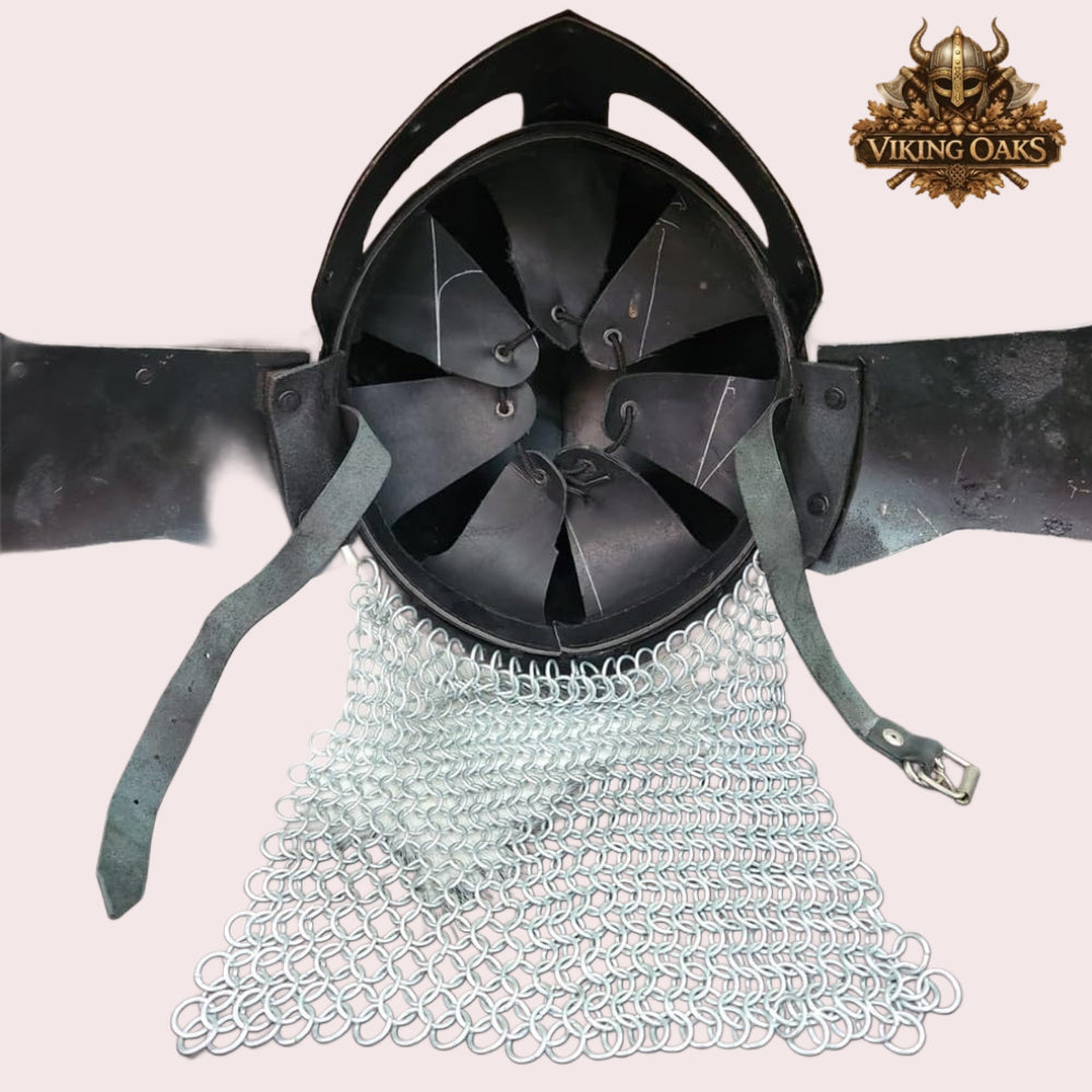Raven Viking Helmet Norman Knight Chain Mail Helmet with Wooden Stand