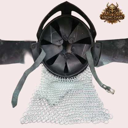 Raven Viking Helmet Norman Knight Chain Mail Helmet with Wooden Stand