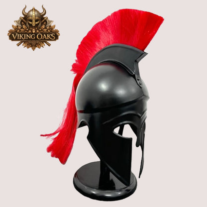 Black Corinthian Helmet with Red Plume – Ancient Greek Warrior Armor with Wooden Display Stand