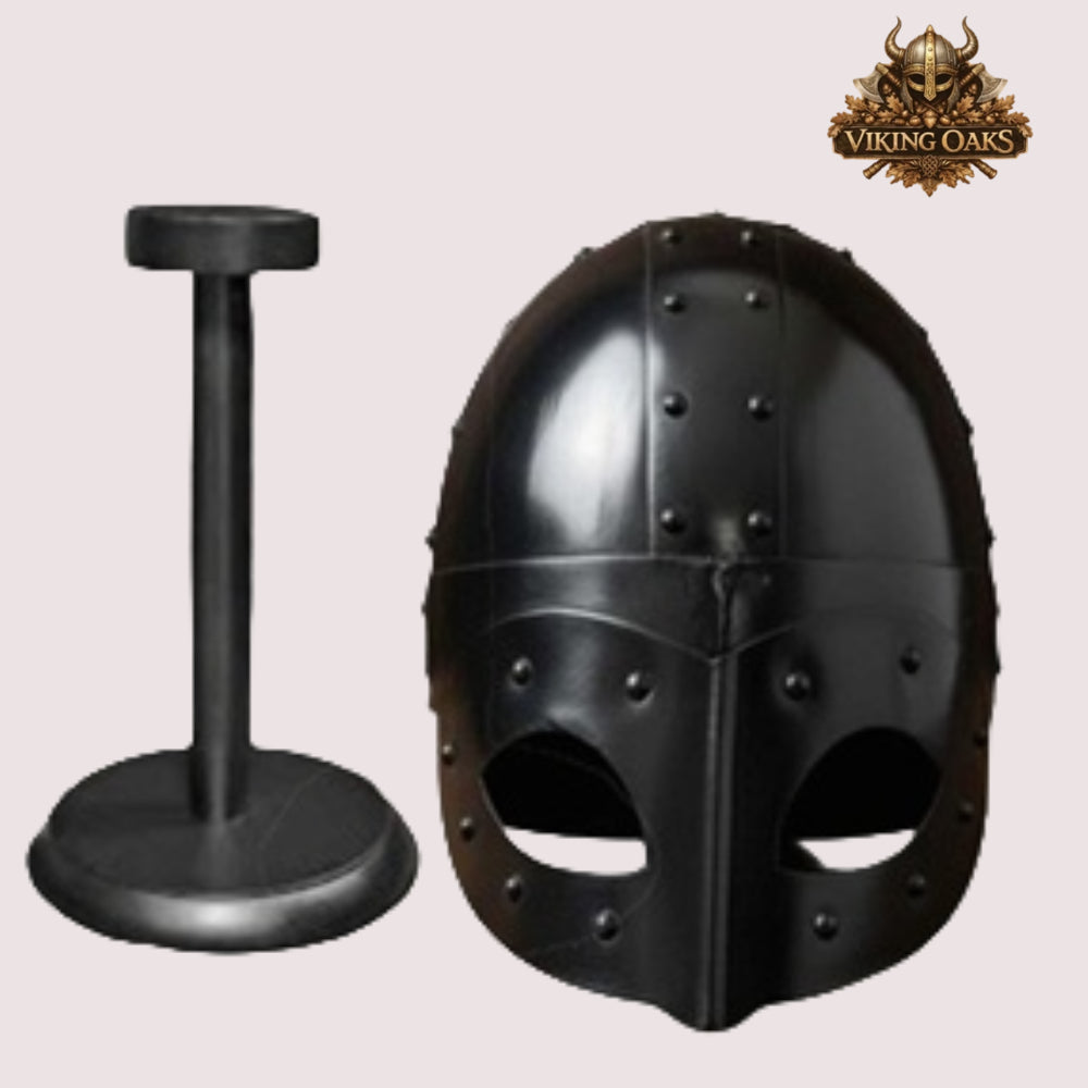 Viking Gjermundbu Helmet – Medieval Warrior Costume with   Wooden Display Stand