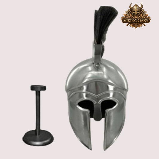 Silver Corinthian Warrior Helmet – Medieval Greek Armor with Wooden Display Stand