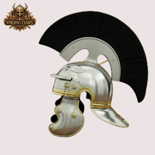 Roman Centurion Helmet black hair – Warrior Armor Helmet with Wooden Display Stand