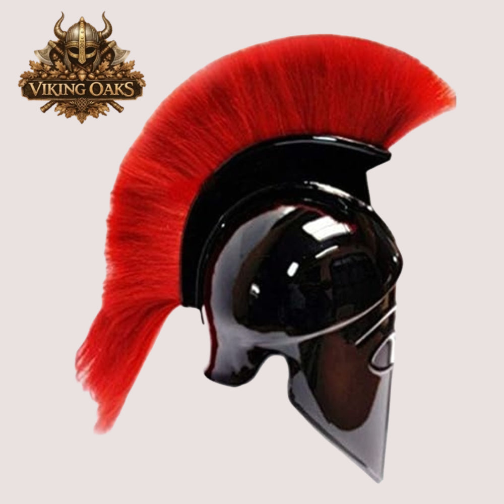 Black Corinthian Helmet with Red Plume – Ancient Greek Warrior Armor with Wooden Display Stand