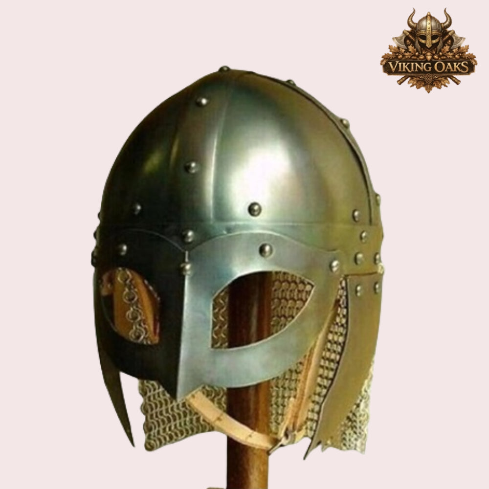 Viking Vendel Spectacle Helmet with Chainmail & Wooden Stand | Norse Armour Helmet