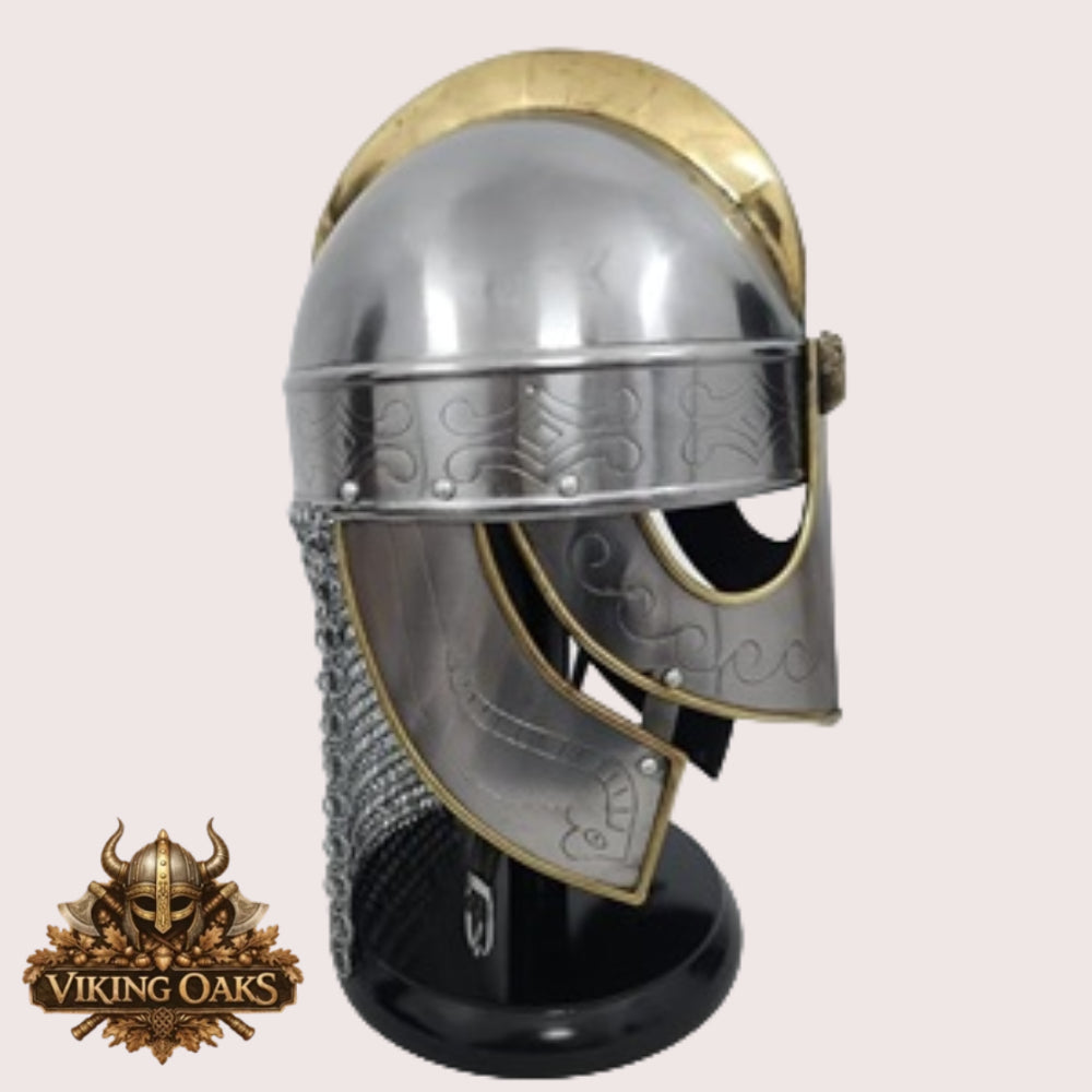 Medieval Viking Chainmail Helmet Replica with Wooden Display Stand Full Wearable Warrior Helmet Collectible Decor Gift