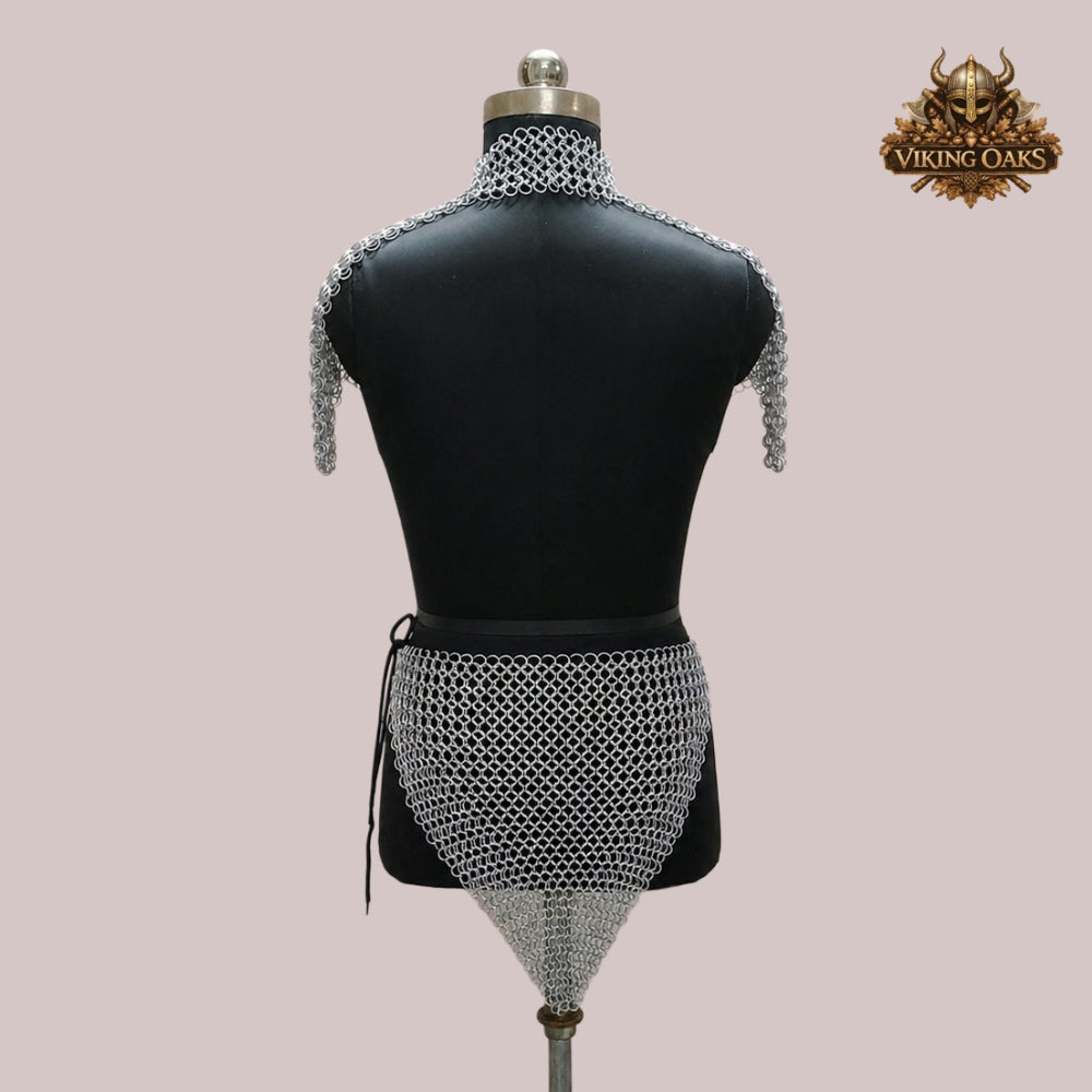 Aluminum Chainmail Halter Top with Skirt Set – 10MM Butted Ring Armor Costume for Cosplay, Renaissance Faire & Festival Wear