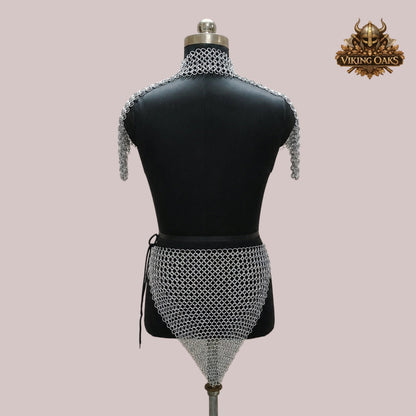 Aluminum Chainmail Halter Top with Skirt Set – 10MM Butted Ring Armor Costume for Cosplay, Renaissance Faire & Festival Wear