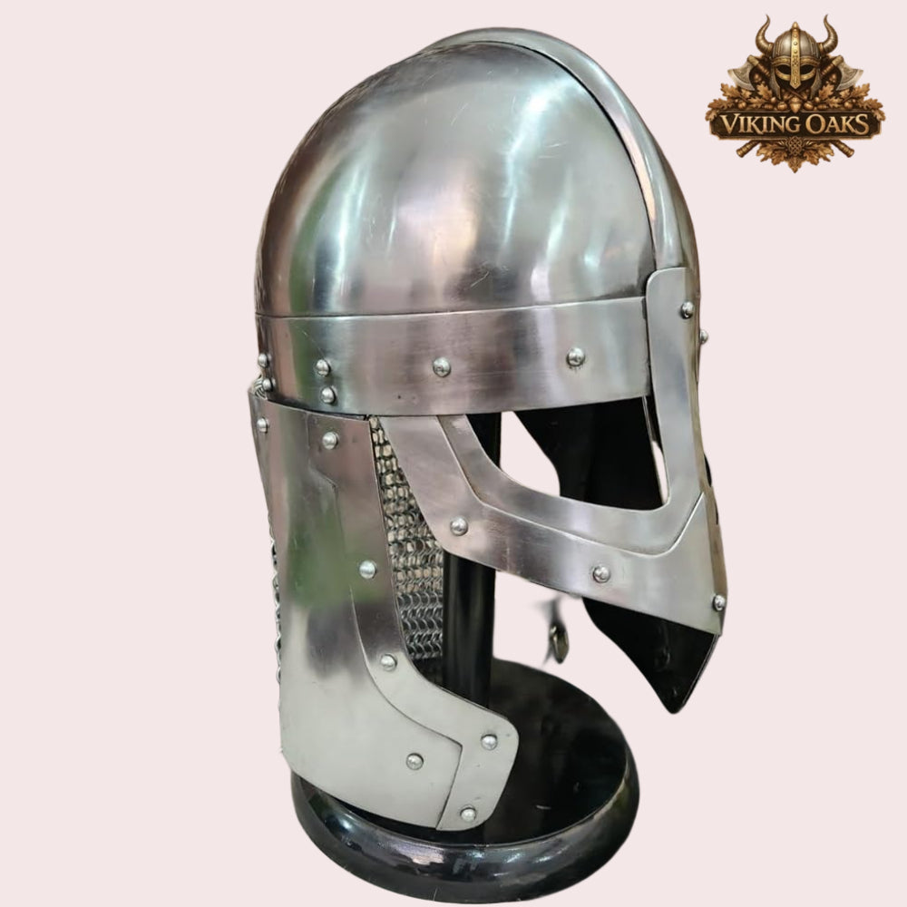 Raven Viking Helmet Norman Knight Chain Mail Helmet with Wooden Stand
