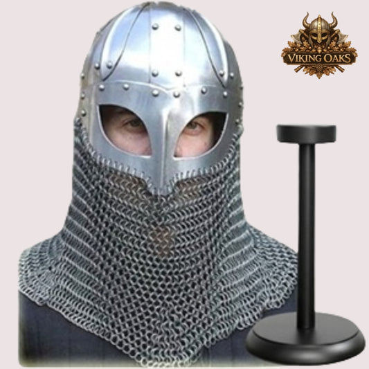Handmade Viking Chainmail Helmet – Norse Medieval Armor for LARP with  Wooden Display Stand