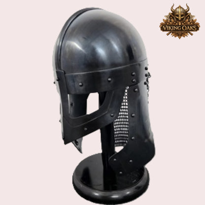 Raven Viking Helmet Norman Knight Chain Mail Helmet with Wooden Stand