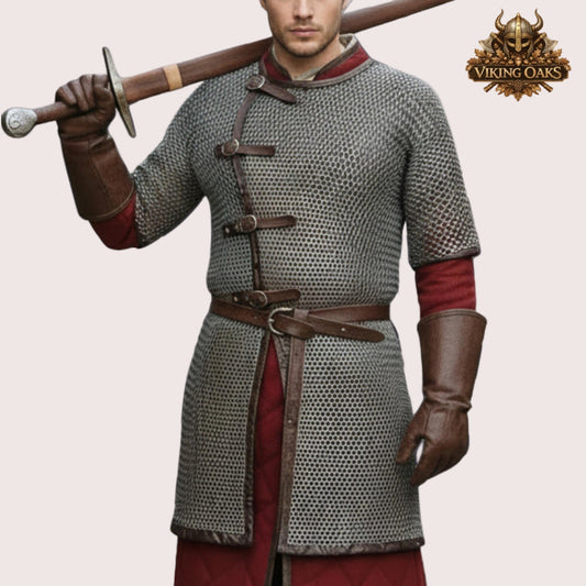 Chainmail Shirt 9MM Flat Riveted Armor with Brown Leather Trim Ren Faire Event Costume