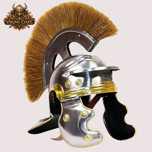 Roman Centurion Helmet  brown hair – Warrior Armor Helmet with Wooden Display Stand