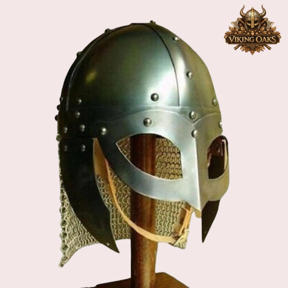 Viking Vendel Spectacle Helmet with Chainmail & Wooden Stand | Norse Armour Helmet