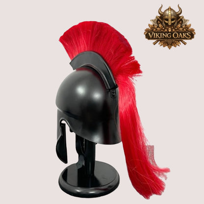Black Corinthian Helmet with Red Plume – Ancient Greek Warrior Armor with Wooden Display Stand