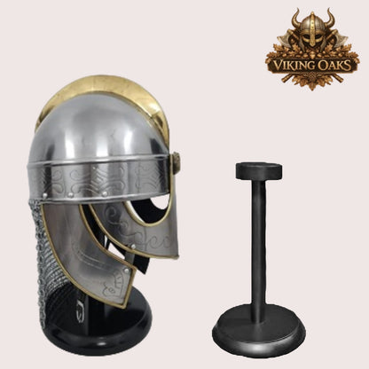 Medieval Viking Chainmail Helmet Replica with Wooden Display Stand Full Wearable Warrior Helmet Collectible Decor Gift