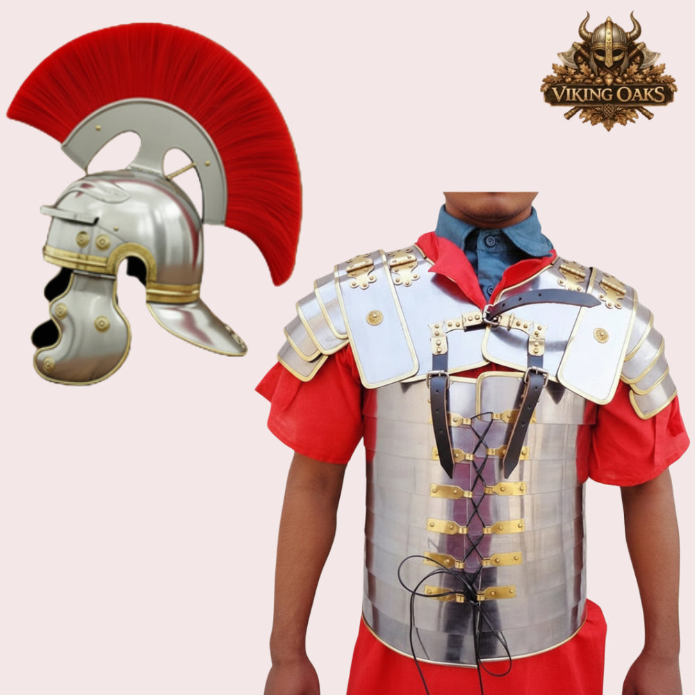Roman Armor Set Brass Lorica Segmentata with Helmet and Red Crest