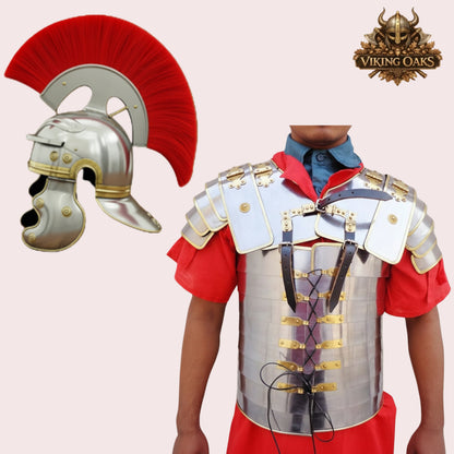 Roman Armor Set Brass Lorica Segmentata with Helmet and Red Crest
