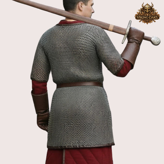 Chainmail Shirt 9MM Flat Riveted Armor with Brown Leather Trim Ren Faire Event Costume