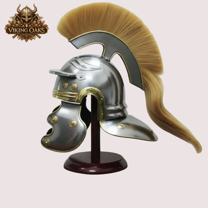 Roman Centurion Helmet  brown hair – Warrior Armor Helmet with Wooden Display Stand
