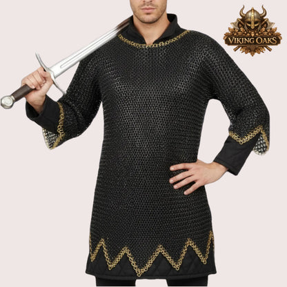 9MM Flat Chainmail Shirt Blackened Steel with Brass Trim Viking Costume for Ren Faire Events