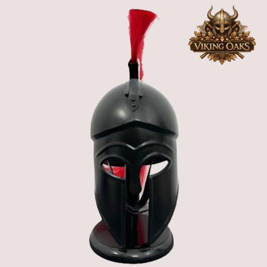 Black Corinthian Helmet with Red Plume – Ancient Greek Warrior Armor with Wooden Display Stand