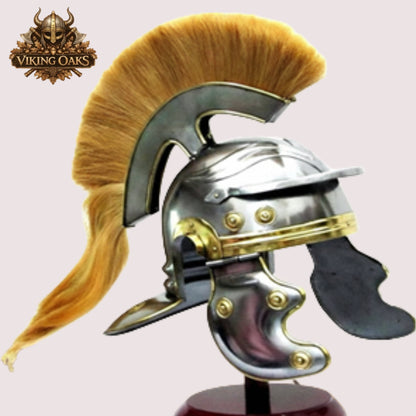Roman Centurion Helmet  brown hair – Warrior Armor Helmet with Wooden Display Stand