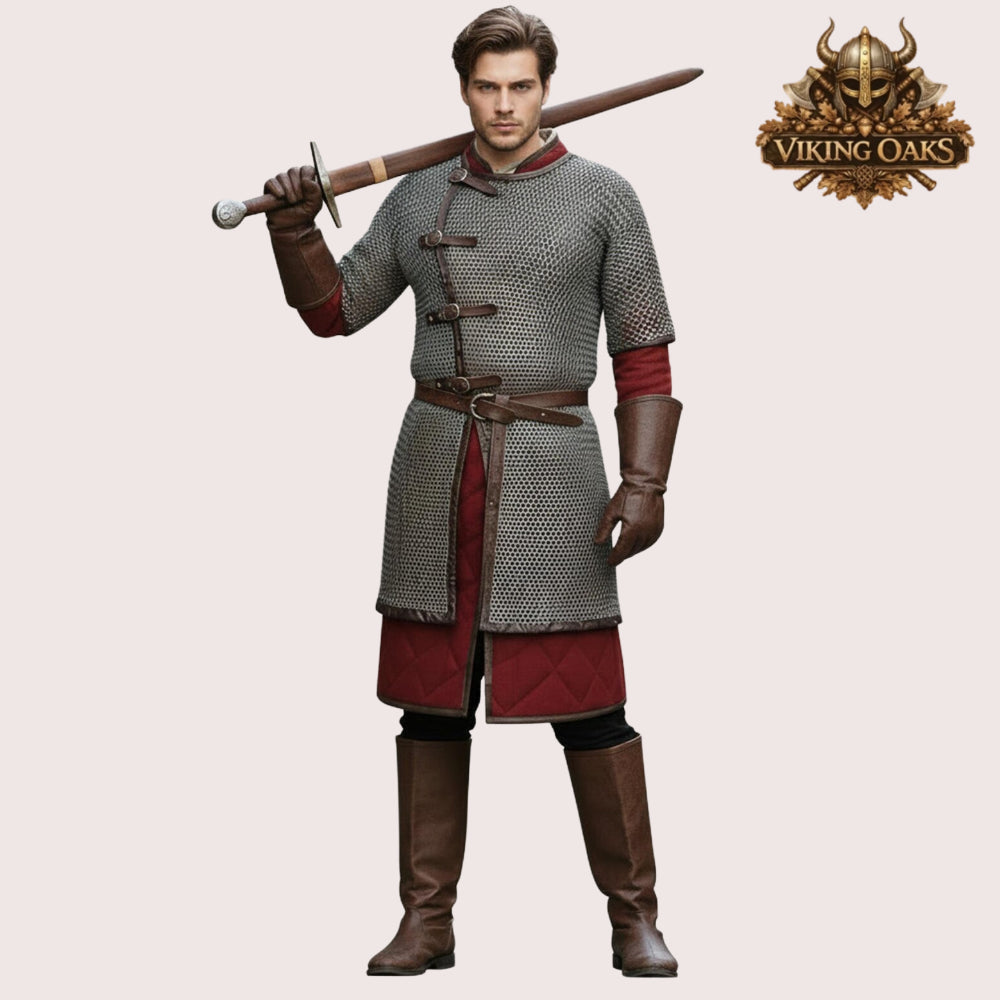 Chainmail Shirt 9MM Flat Riveted Armor with Brown Leather Trim Ren Faire Event Costume