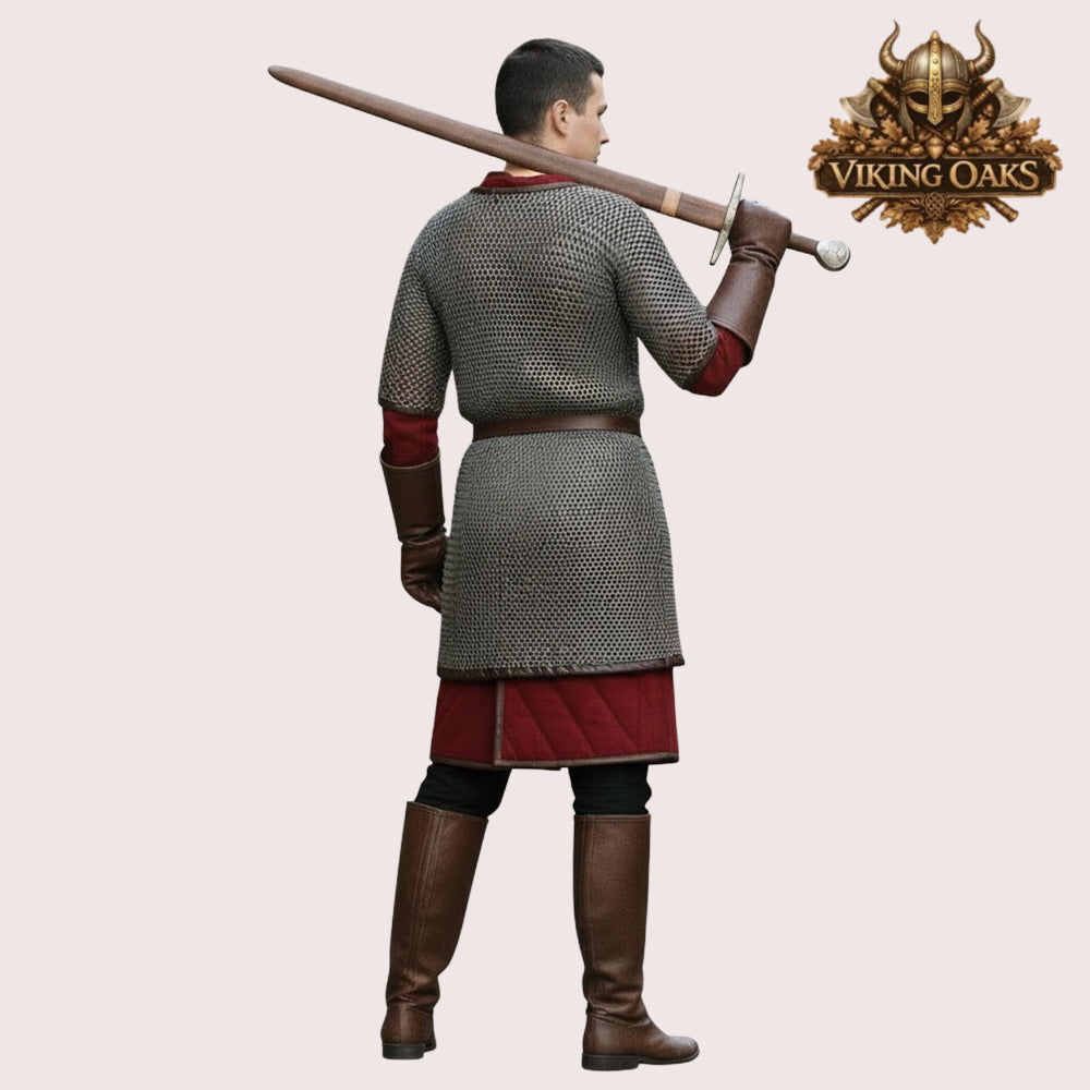 Chainmail Shirt 9MM Flat Riveted Armor with Brown Leather Trim Ren Faire Event Costume