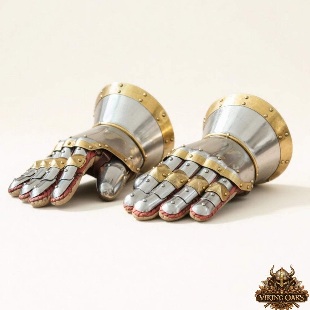 Milanese Design Steel Armor Gloves with Polish Brass Accents