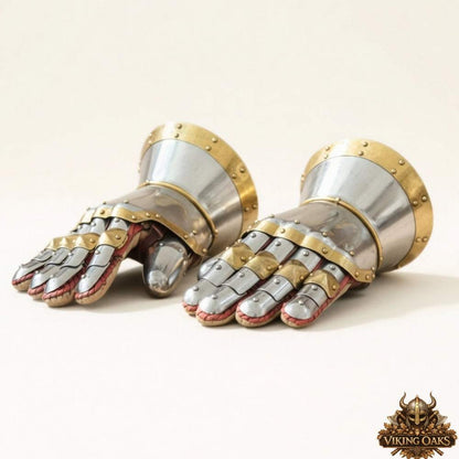 Milanese Design Steel Armor Gloves with Polish Brass Accents