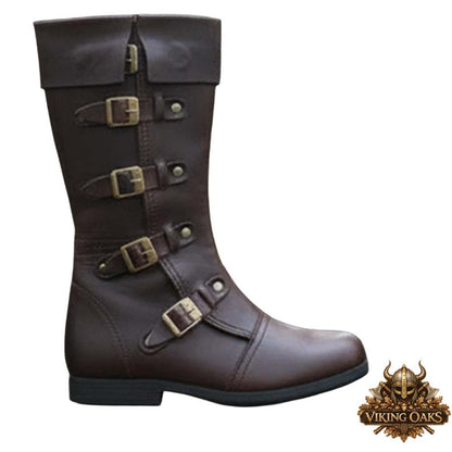 Complete setup of premium Viking Oaks LLC medieval leather boots for fantasy costumes.
