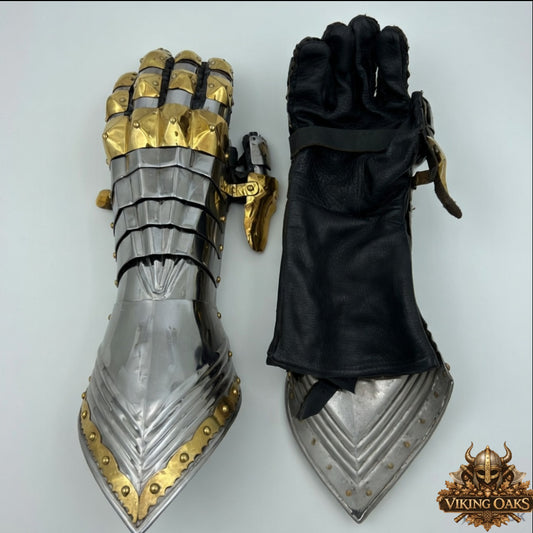 Medieval Steel Gauntlets Gold Trim Knight Armor Gloves Pair Hand Gear