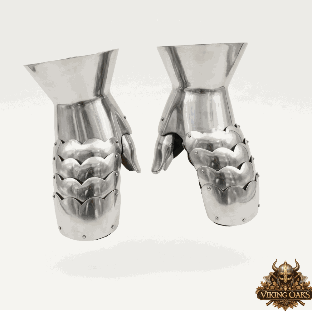 Handcrafted steel gauntlets featuring comfortable leather inner gloves