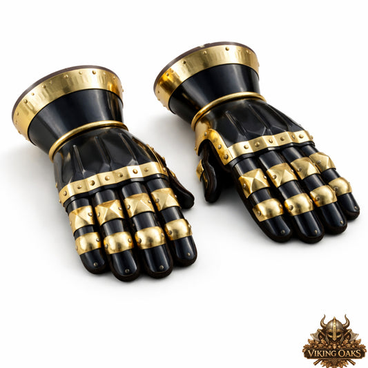 Medieval Steel Gauntlets Armor Gloves Gold Trim Knight Hand Protection Gear