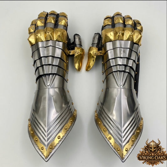 Medieval Steel Gauntlets Gold Trim Knight Armor Gloves Pair Hand Gear