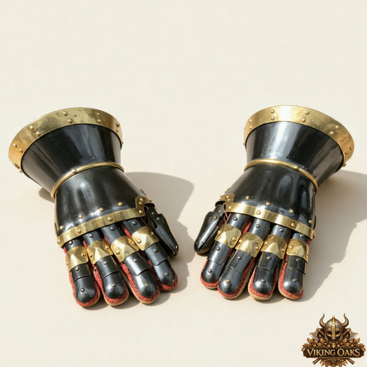 Medieval Steel Gauntlets Armor Gloves Gold Trim Knight Hand Protection Gear