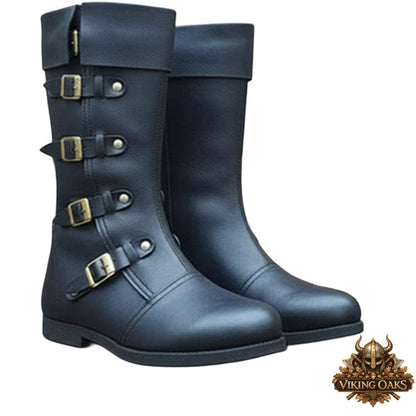 Detailed look at the sturdy sole and construction of medieval men's costume boots.