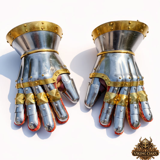 Medieval Steel Gauntlets Armor Gloves Gold Trim Knight Hand Protection Gear