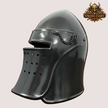 Black Barbute Helmet – Medieval Barbuta Armor with Display Stand for Reenactment, Cosplay & Costumes