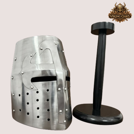Crusader Helmet with Wooden Stand – Knights Templar Medieval Armor for Reenactment, LARP & Cosplay