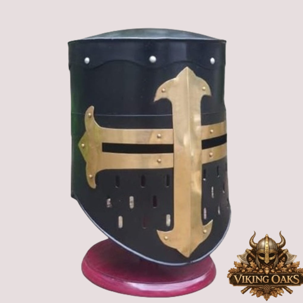 Black Knight Helmet with Wooden Stand – Medieval Armor Collectible Display Piece